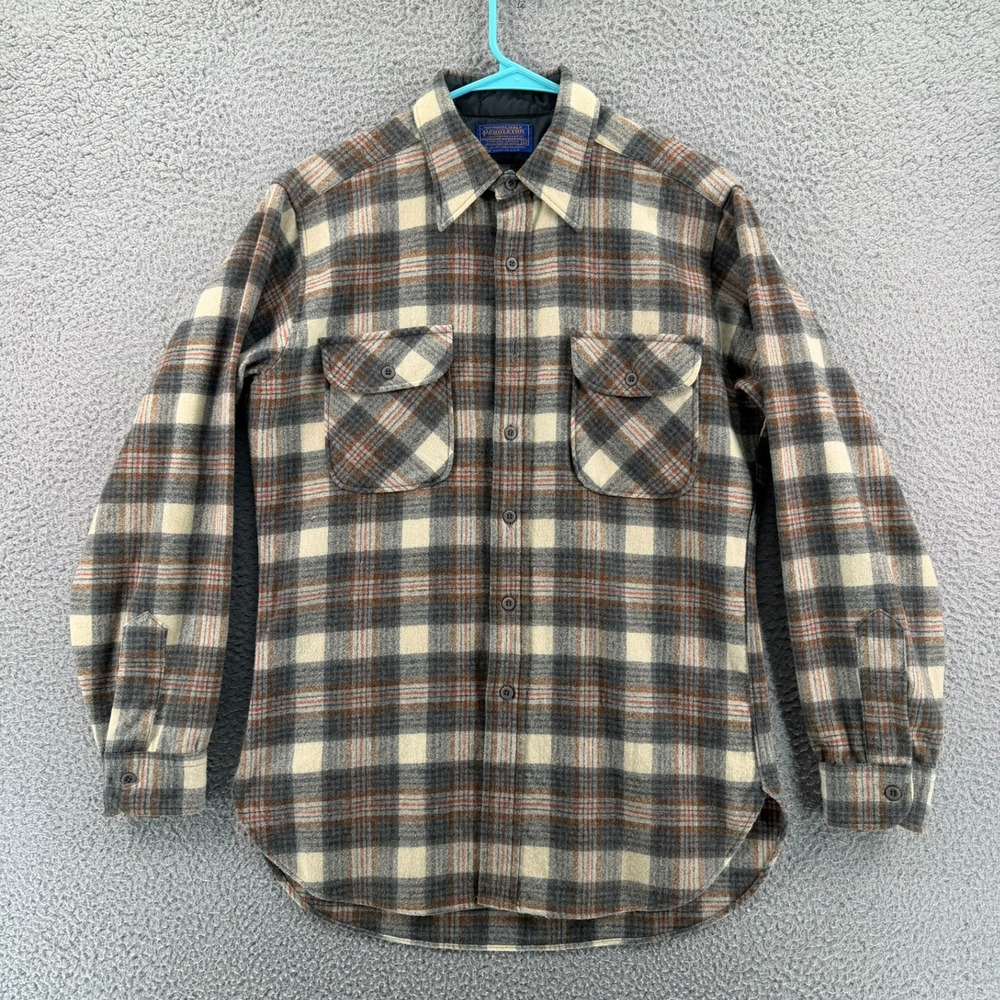 Pendleton Board Shirt Mens Medium Plaid 100% Virgin Wool Grey Cream Rust USA - Picture 2 of 16